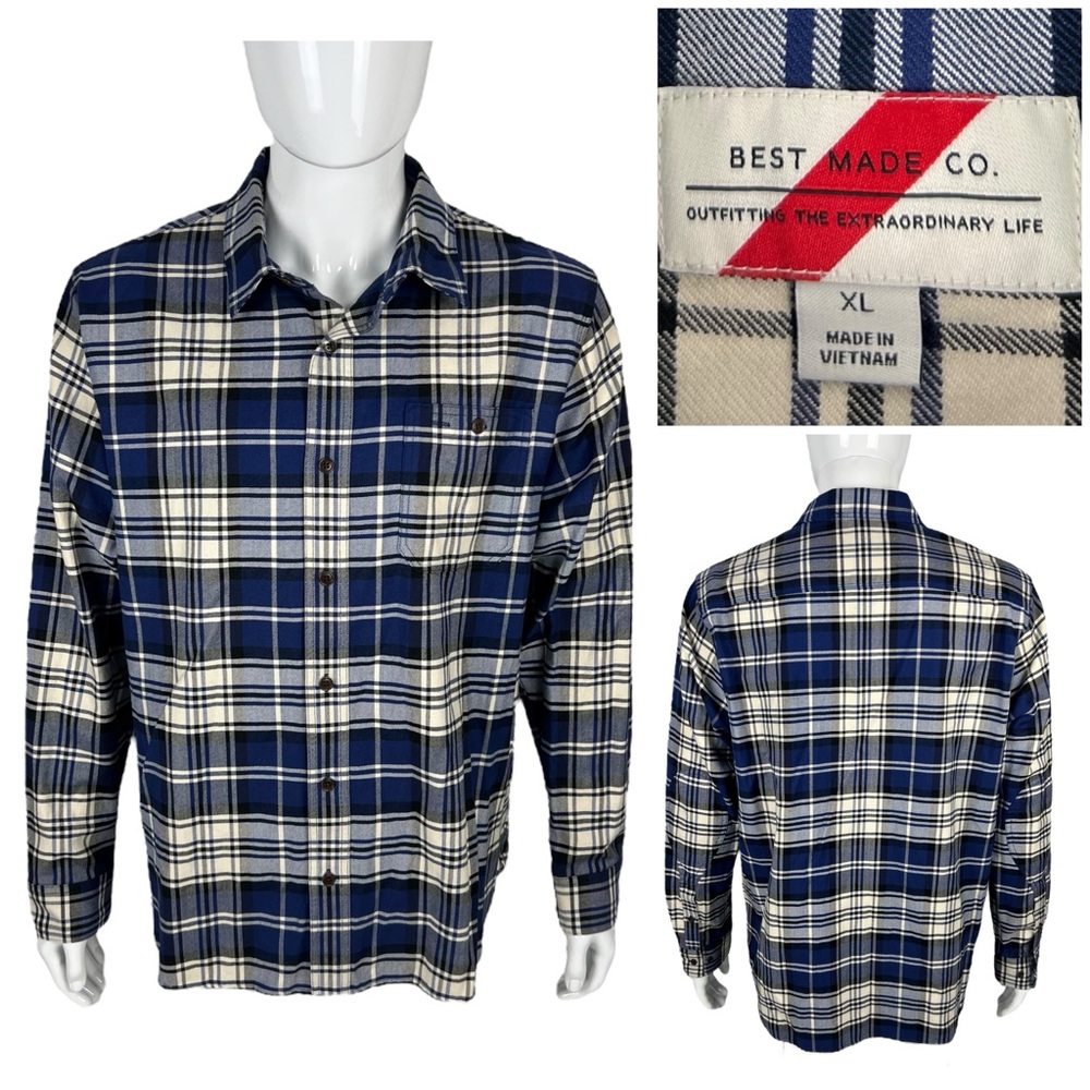 Best Made Co Mens XL Shirt Blue Plaid Flannel Button Up Soft Wool Blend EUC